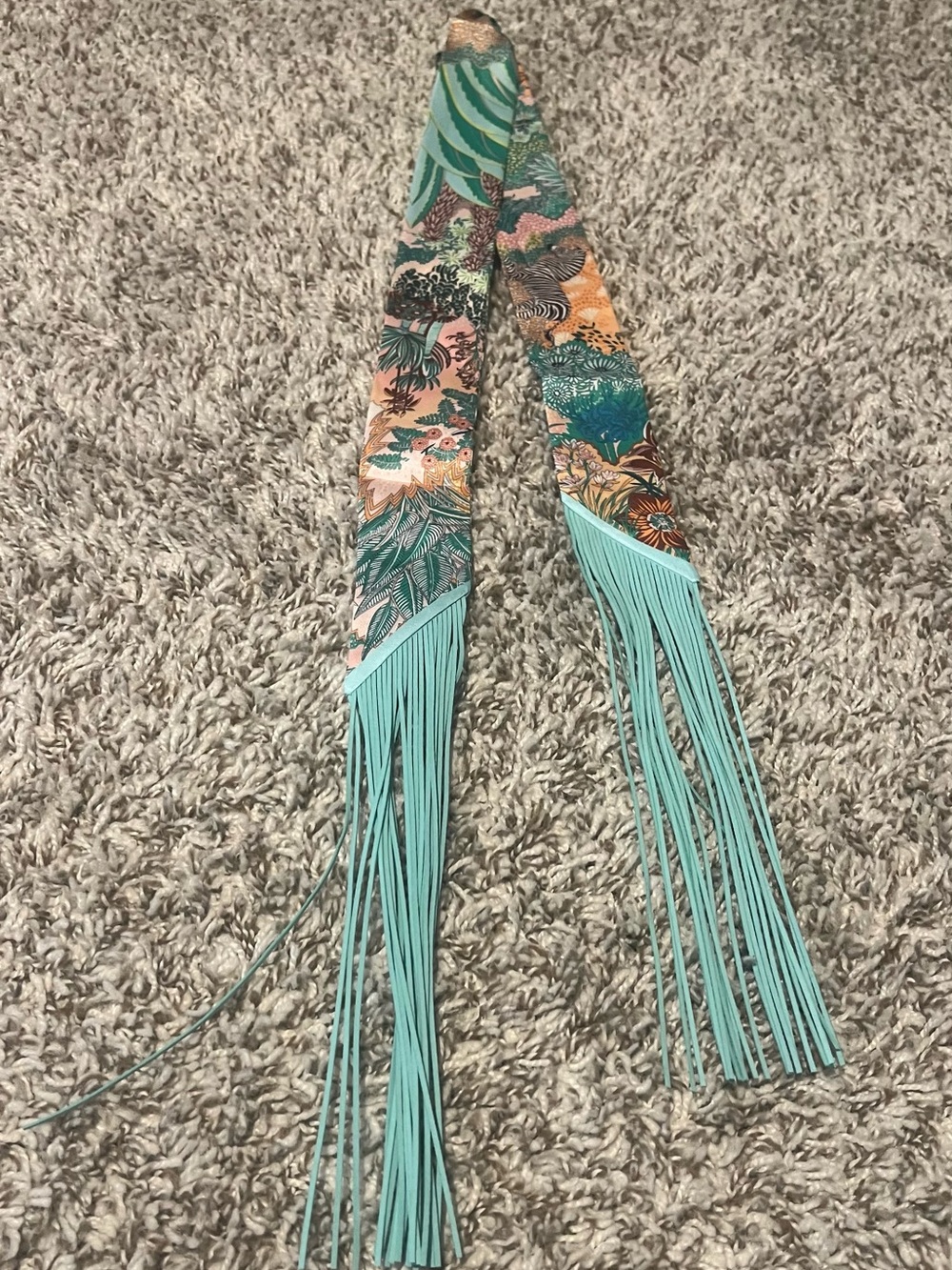 Fringe Patterned Scarf twilly  in Aqua and Multi-Color